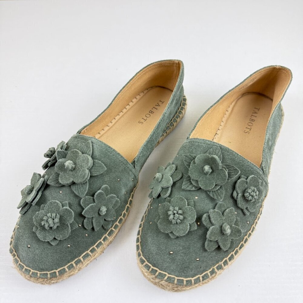 EUC Tablots Izzy Sage Green Floral Suede Espadrille Flats